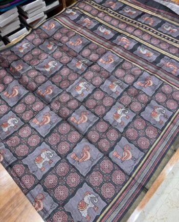 Kalamkari and Ajrakh Style with Katha Work Style prints in Silk Cotton Fabric - 2