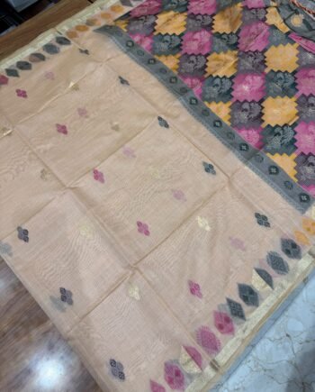 Muga Cotton Saree with Multicolour Pallu - 2