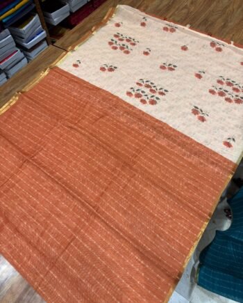 Premium Linen Cotton Saree - Rust Orange