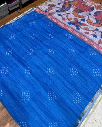 Bandhini and Kalamkari Linen Cotton Saree - Zari Checks - 2