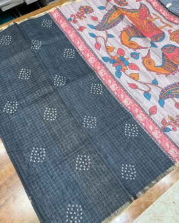 Bandhini and Kalamkari Linen Cotton Saree - Zari Checks - 1