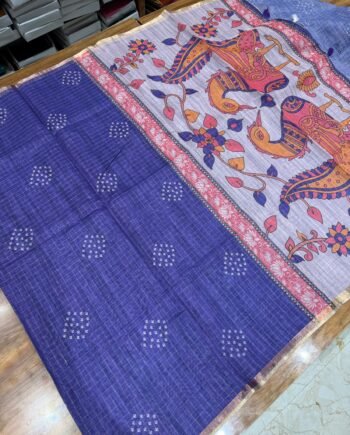 Bandhini and Kalamkari Linen Cotton Saree - Zari Checks - 3
