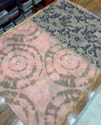 Linen Cotton Saree - Shibori With Handbrush Prints - 16