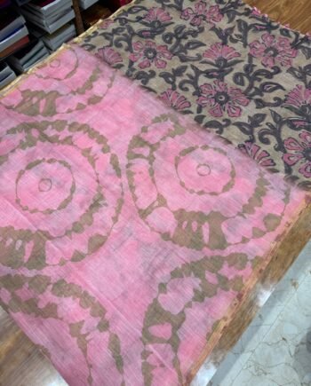 Linen Cotton Saree - Shibori With Handbrush Prints - 14