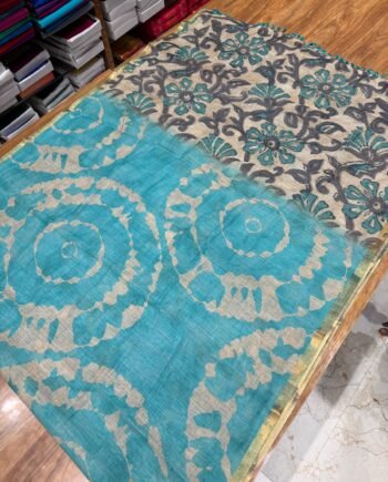 Linen Cotton Saree - Shibori With Handbrush Prints - 15