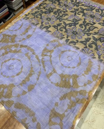 Linen Cotton Saree - Shibori With Handbrush Prints - 11