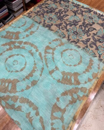 Linen Cotton Saree - Shibori With Handbrush Prints - 12