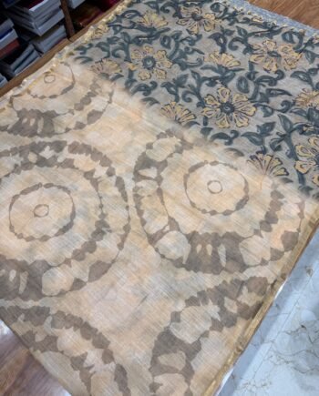 Linen Cotton Saree - Shibori With Handbrush Prints - 8