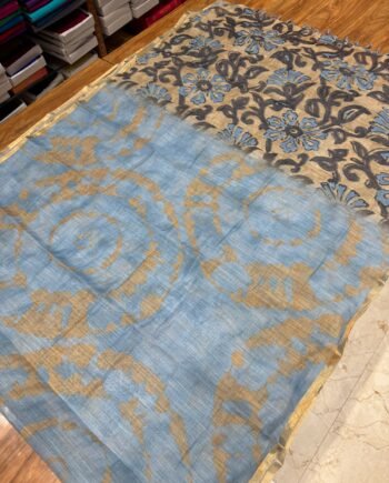 Linen Cotton Saree - Shibori With Handbrush Prints - 7