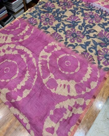 Linen Cotton Saree - Shibori With Handbrush Prints - 9