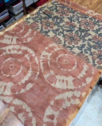 Linen Cotton Saree - Shibori With Handbrush Prints - 6
