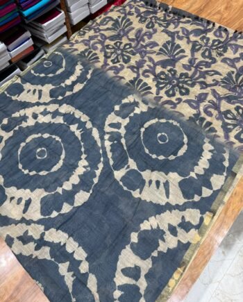 Linen Cotton Saree - Shibori With Handbrush Prints - 3