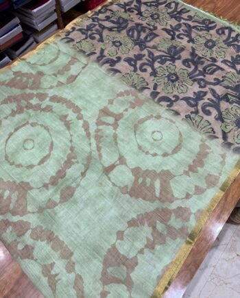 Linen Cotton Saree - Shibori With Handbrush Prints - 2