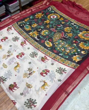 Kalamkari Georgette Saree - Cream with Red