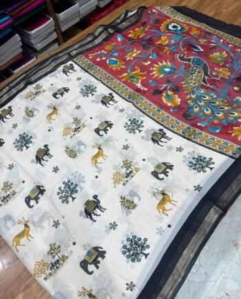 Kalamkari Georgette Saree - Cream with Black
