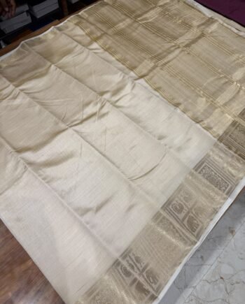 Tussar Semi Silk Saree - Floral, Yali and Peacock in Geometric Style - half white