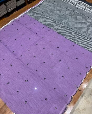 Premium Linen Cotton Saree in Scalp Border and Mirror Work - 7