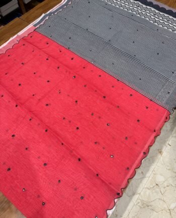 Premium Linen Cotton Saree in Scalp Border and Mirror Work - 4