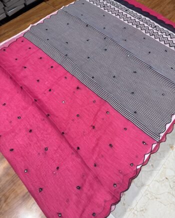 Premium Linen Cotton Saree in Scalp Border and Mirror Work - 6