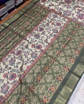 Printed Tussar Saree - Patola, Kalamkari and Bandhini - 12