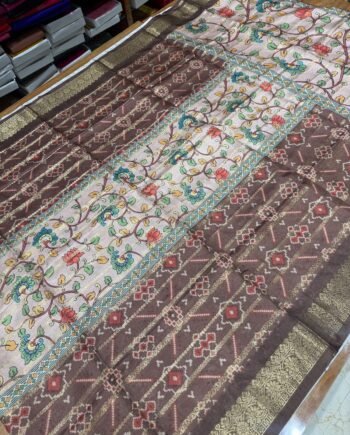 Printed Tussar Saree - Patola, Kalamkari and Bandhini - 10