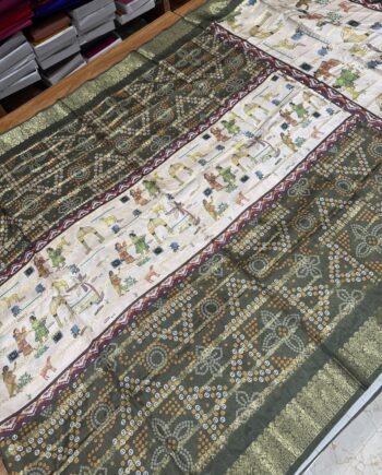 Printed Tussar Saree - Patola, Kalamkari and Bandhini - 8