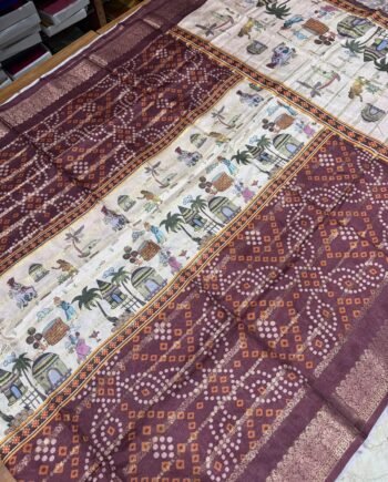 Printed Tussar Saree - Patola, Kalamkari and Bandhini - 2