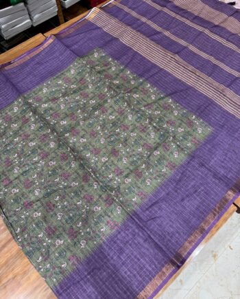 Kalamkari Linen Cotton Saree with Zari Checks  - 5