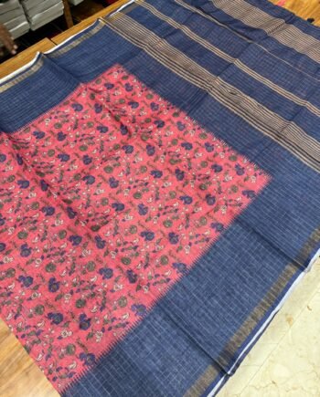 Kalamkari Linen Cotton Saree with Zari Checks  - 4