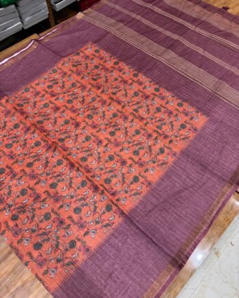 Kalamkari Linen Cotton Saree with Zari Checks  - 6