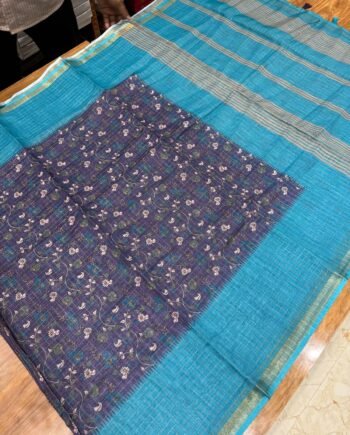 Kalamkari Linen Cotton Saree with Zari Checks  - 2