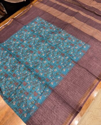 Kalamkari Linen Cotton Saree with Zari Checks  - 1