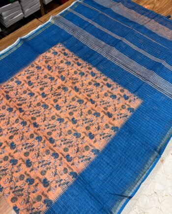 Kalamkari Linen Cotton Saree with Zari Checks  - 3