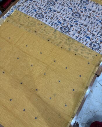Premium Linen Cotton Saree - Warli Prints with Mirror work - 6