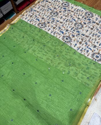 Premium Linen Cotton Saree - Warli Prints with Mirror work - 7