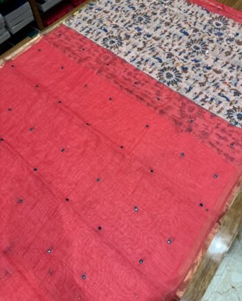 Premium Linen Cotton Saree - Warli Prints with Mirror work - 3
