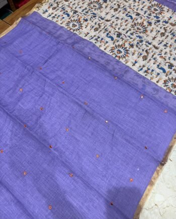 Premium Linen Cotton Saree - Warli Prints with Mirror work - 1