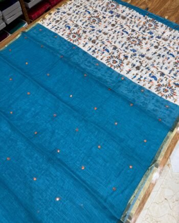 Premium Linen Cotton Saree - Warli Prints with Mirror work - 4