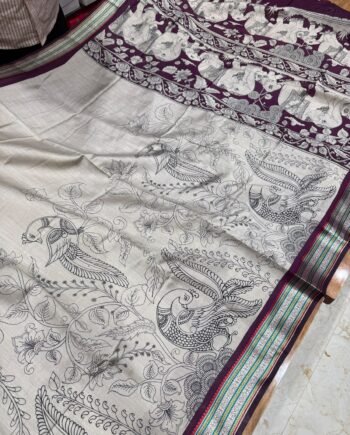 Premium Viscose Cotton Saree - Kalamkari Prints with Multicolour Thread Jacquard Border - 6