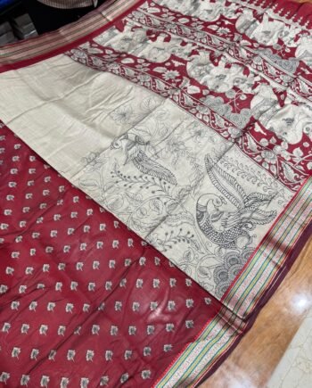 Premium Viscose Cotton Saree - Kalamkari Prints with Multicolour Thread Jacquard Border - 4