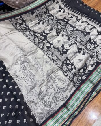 Premium Viscose Cotton Saree - Kalamkari Prints with Multicolour Thread Jacquard Border - 3