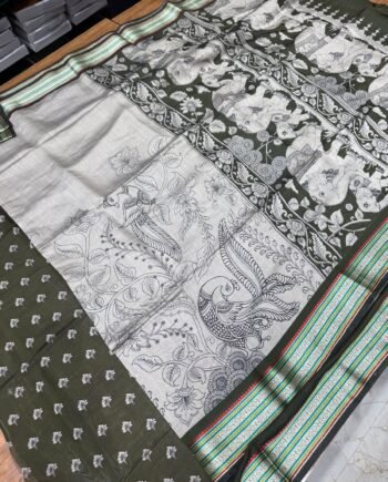 Premium Viscose Cotton Saree - Kalamkari Prints with Multicolour Thread Jacquard Border - 2